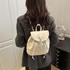 Soft PU Leather Drawstring Flap Backpack, Minimalist Gold Hardware Casual Daily Travel Bucket Backpack For Women