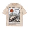 2026 Vintage Washed Beige Japanese High Speed Train City Landscape Graphic T Shirt Retro Ukiyo Architecture Print Oversized Casu