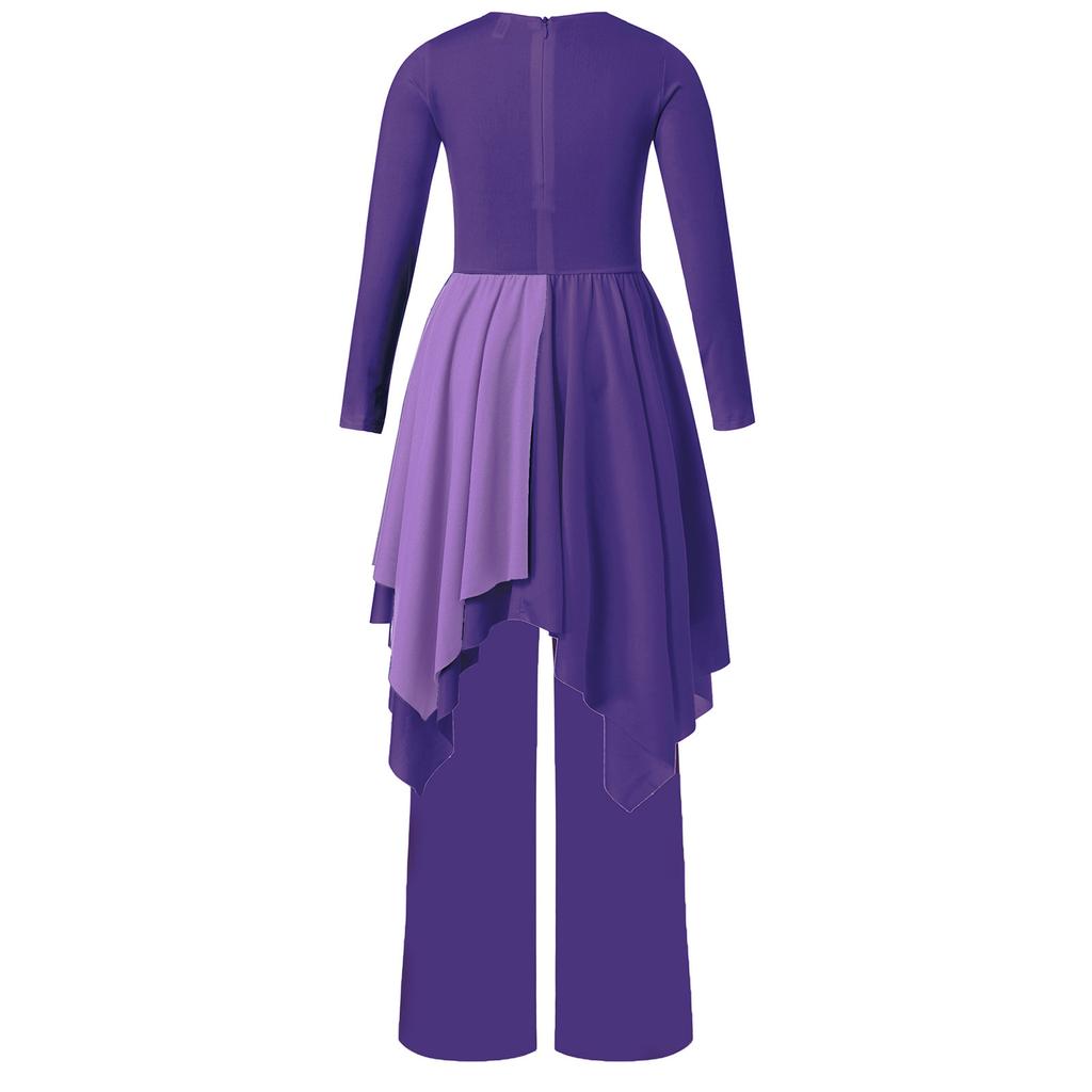 Girls Asymmetrical Hem Worship Dance Dress Elastic Waistband Pants Performance Set