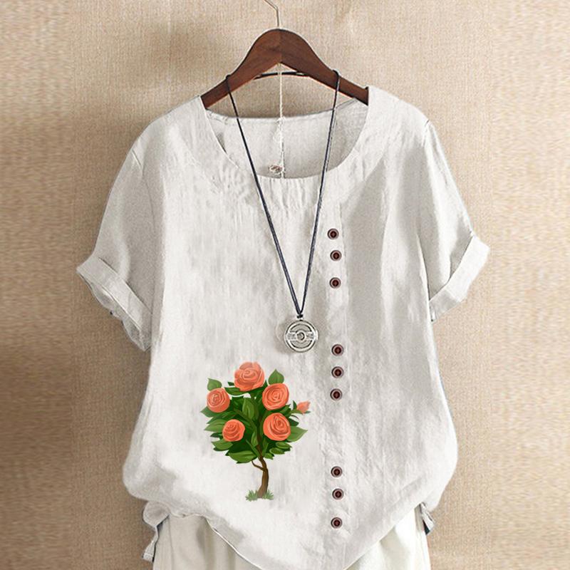 Dámská móda Tričko s kulatým výstřihem Krátký rukáv Pro volný čas Bavlna Povlečení Grafika Košile Volný čas Volné květy Letní halenka s potiskem Topy