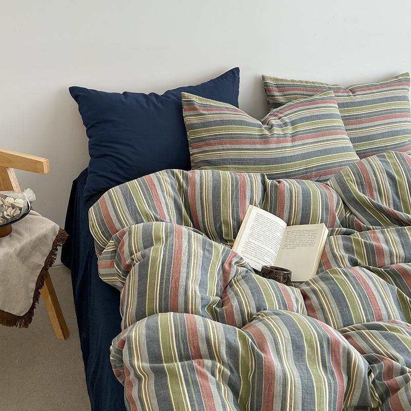 Extremely Home~ Simple Wind Striped Bed, Washed Cotton Sheet Quilt Cover Sheet Dormitory