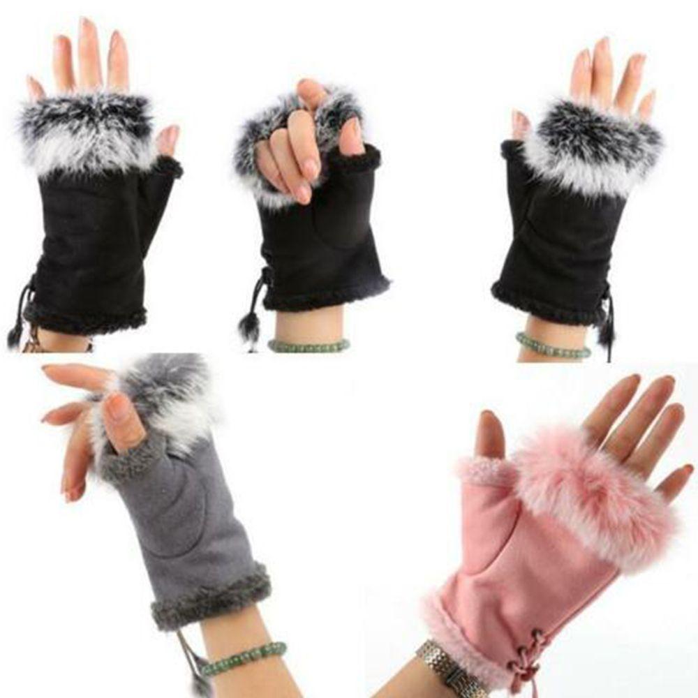Gift Lady New Genuine Color Soft Trim Wrist Warm Rabbit Fur Women Gloves Fingerless