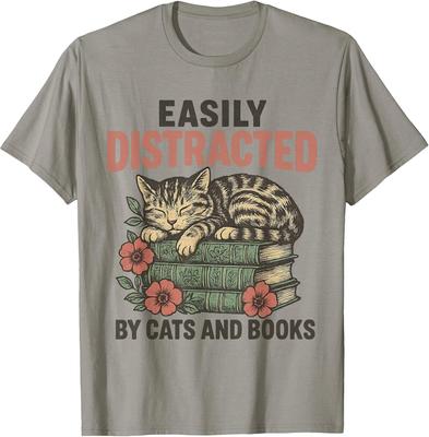 Vintage-Inspired T-Shirt for Cat and Book Lovers - Humorous Design