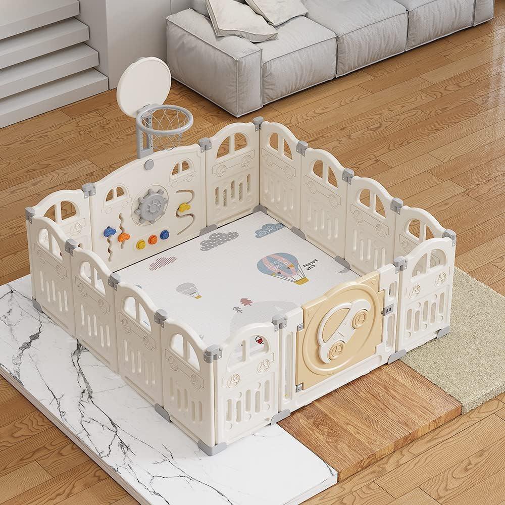 UBRAVOO Foldable Playpen with Mini Basketball Hoop and 50 Colorful Ball Pit, Baby and Toddler Car Playpen, Fun Indoor Activity Center