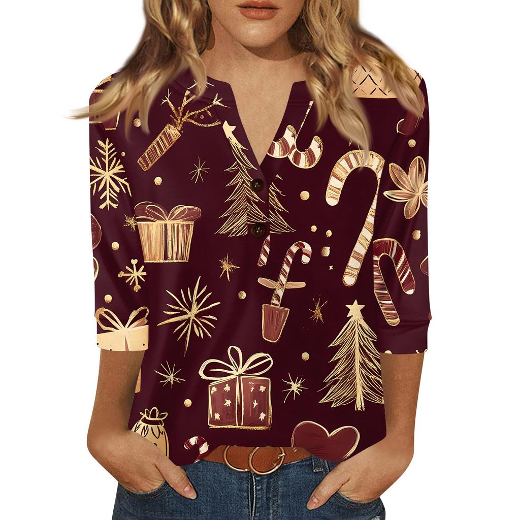 Women's T Shirt Christmas Print Button 3/4 Sleeve Daily Weekend Fashion Basic V- Neck Regular Top