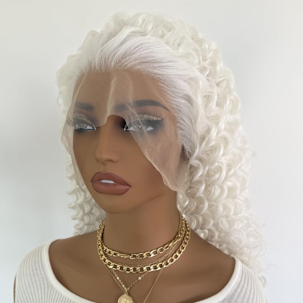 AIMEYA Snow White Lace Front Wig for Women 13x4 Synthetic Long Curly Hair Glueless Natural Hairline Cosplay Halloween Wigs