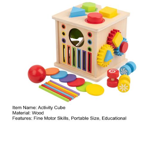 Baby Busy Cube Toy Sorting Fine 8-In-1 Wooden Activity Motor Skills Color Shape Cube Travel Portable