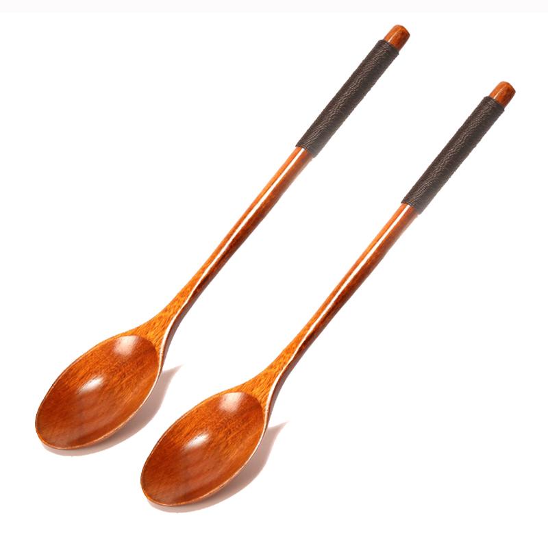 2Pcs Long Handle Wooden Spoons Korean Soup Spoon Dinner Tablespoon Rice Spoon Mixing Stirring Spoon for Tea Honey Wood Tableware