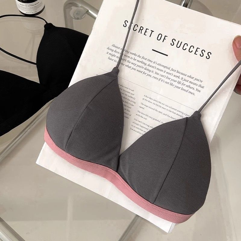 Summer deep V French triangle cup contrasting color beautiful back underwear women's small chest seamless thin without steel ring sexy bra cover