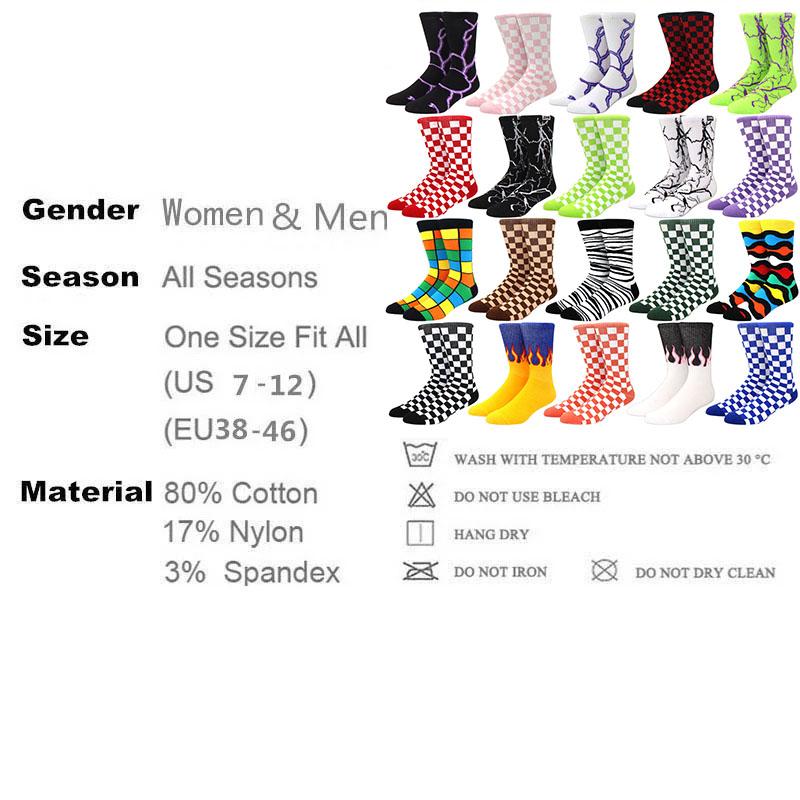 1 paire de chaussettes amusantes de skateboard hip hop à carreaux et flammes éclair pour hommes