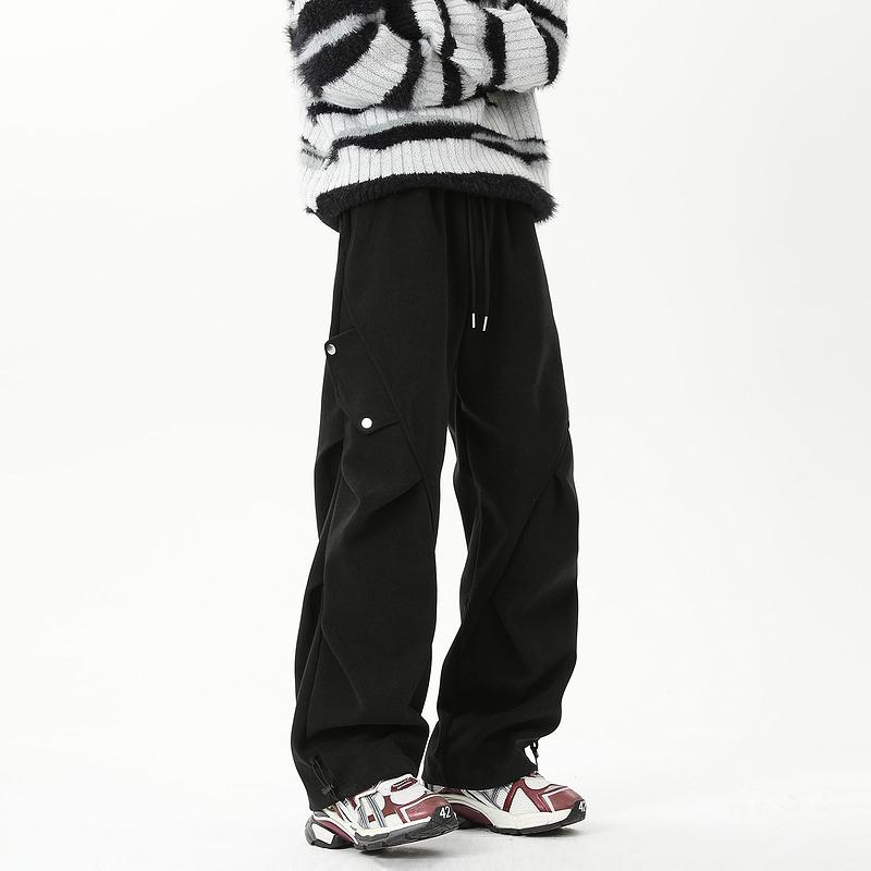 Men's Trendy Spring/Autumn Pleated Wide-Leg Overalls - Stylish, Handsome, and Casual Straight-Leg Trousers.