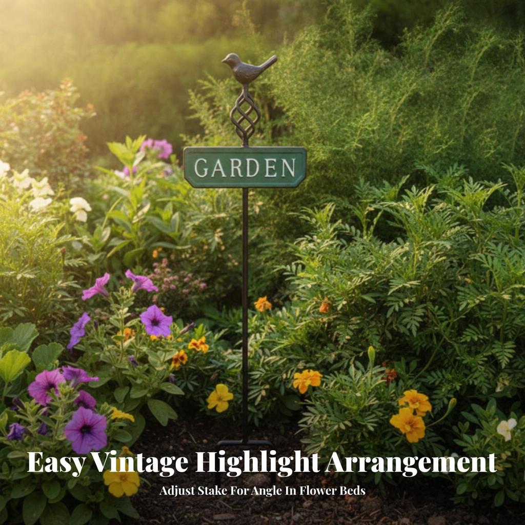 Garden Stake Sign with Bird Topper Sturdy Metal Decor High-Quality