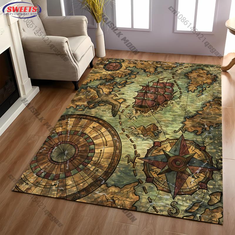 Vintage World Map Ocean Compass Carpet Computer Room Game Room Decorative Mat Livingroom Bedroom Office Large Area Rug Nice Gift