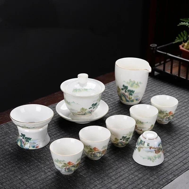 9 Pcs/set Chinese Ceramic Tea Set Exquisite Hand-painted Flower and Bird Pattern Porcelain Teapot Handmade Kettle Teacup Teaware