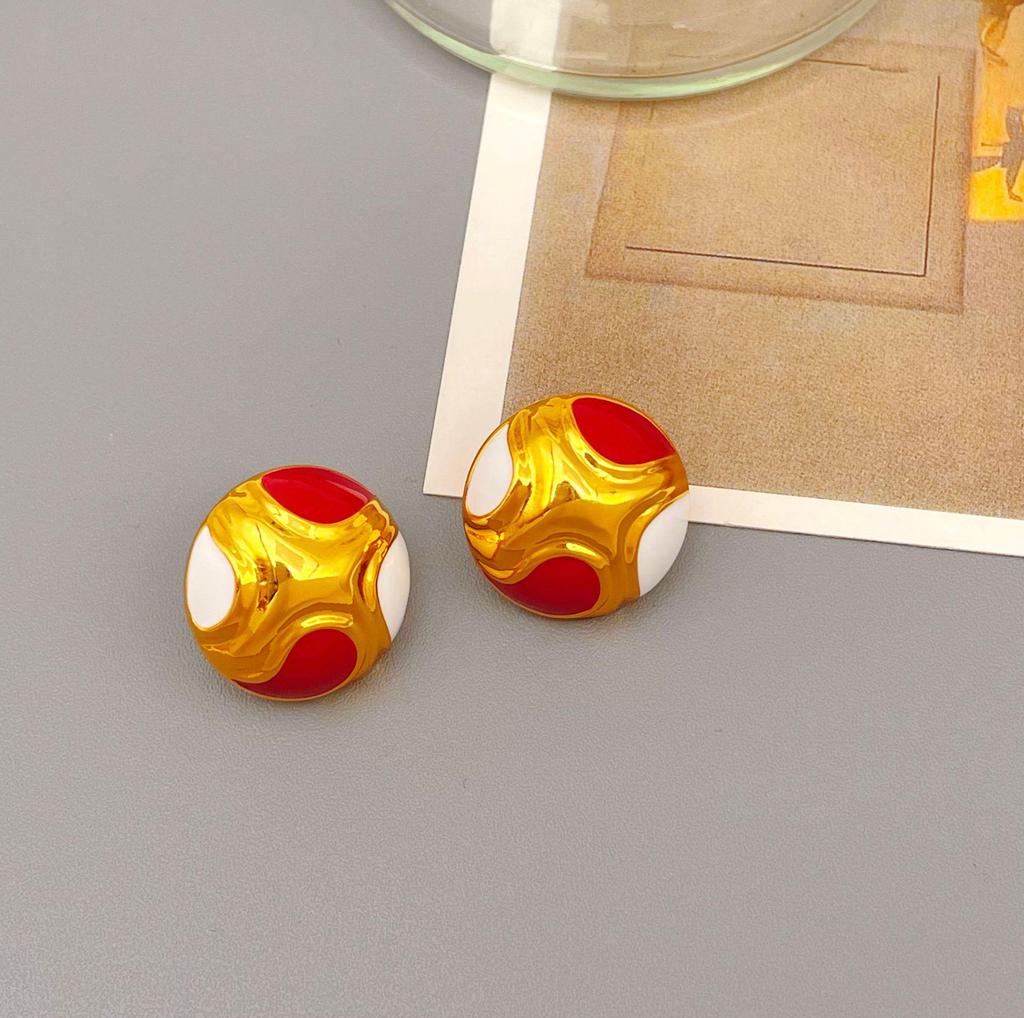 18k Gold-Plated Vintage Enamel Round Earrings with 925 Silver Posts