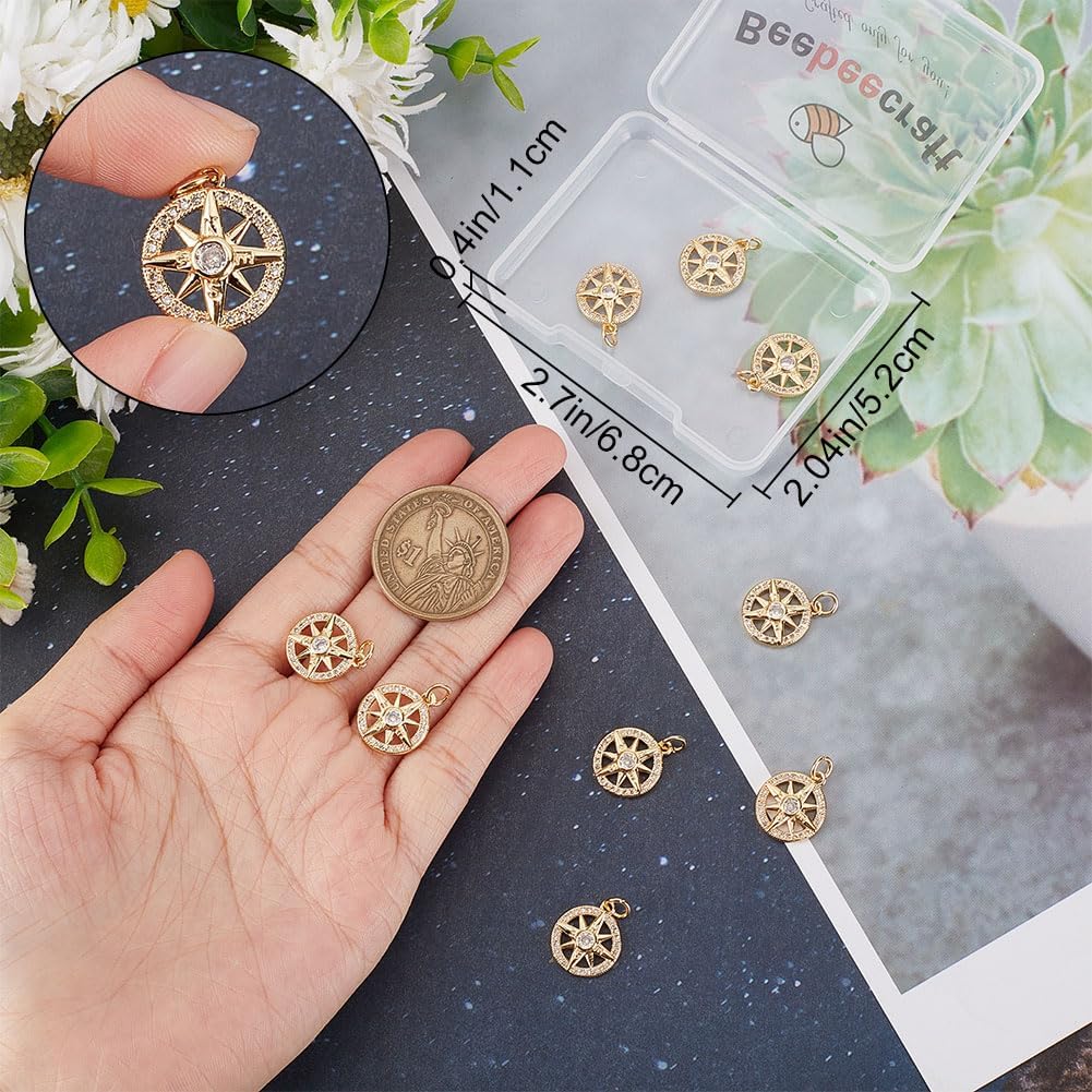 Beebeecraft 1 Box 10Pcs Compass Charms Micro Pave Cubic Zirconia Crystal Stone Golden Flat Round Pendants 13x16x3mm for DIY Jewelry Making Findings