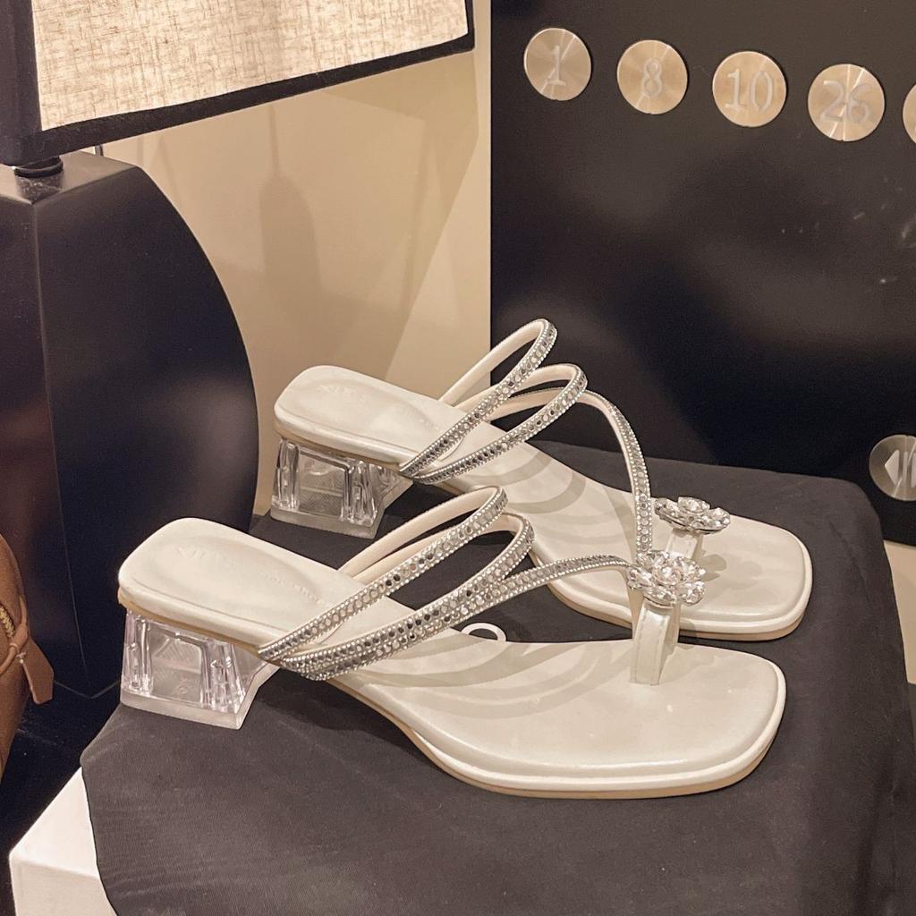 2025 new rhinestone thick heel sandals women's summer wear fashion fairy style with skirt medium heel beautiful slippers women
