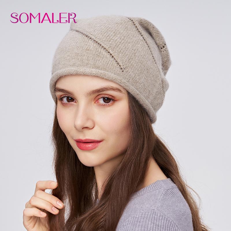

SOMALER Женская зимняя шапка из ангоры, толстая теплая вязаная шапка-бини с драгоценными камнями, модный берет с отворотом, уличные шапки One Size коричневый