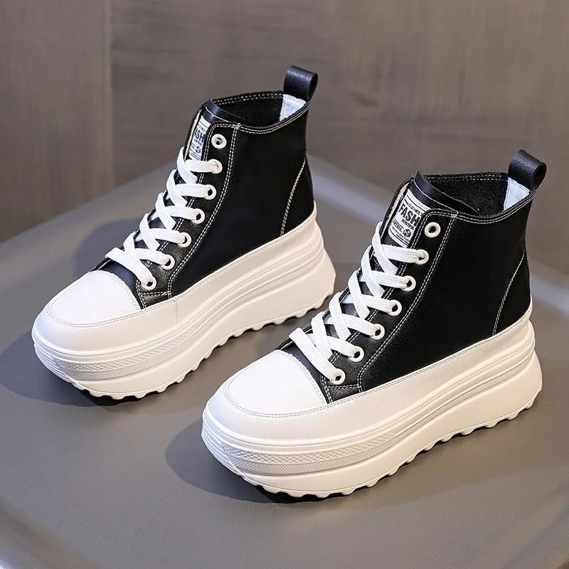 Fashion 7CM Genuine Leather Ankle Boots Casual Chunky Sneakers Winter Plush Boots Spring Autumn Platform Wedge Hidden Heel Women Shoes