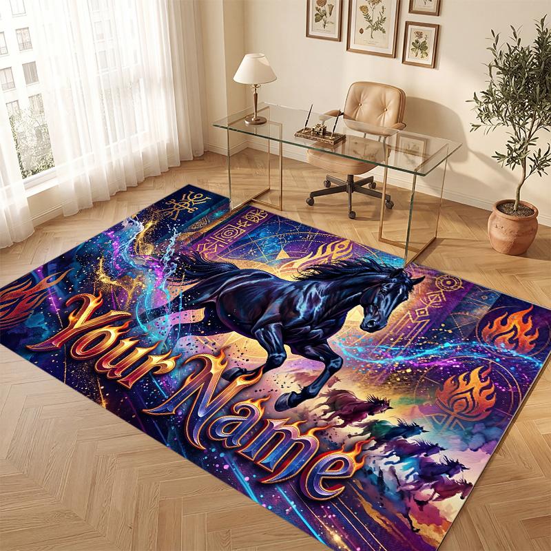 Horse Theme Soft Crystal Velvet Rug Custom Name & Text Print Non Slip Floor Rug for Bedroom Living Room