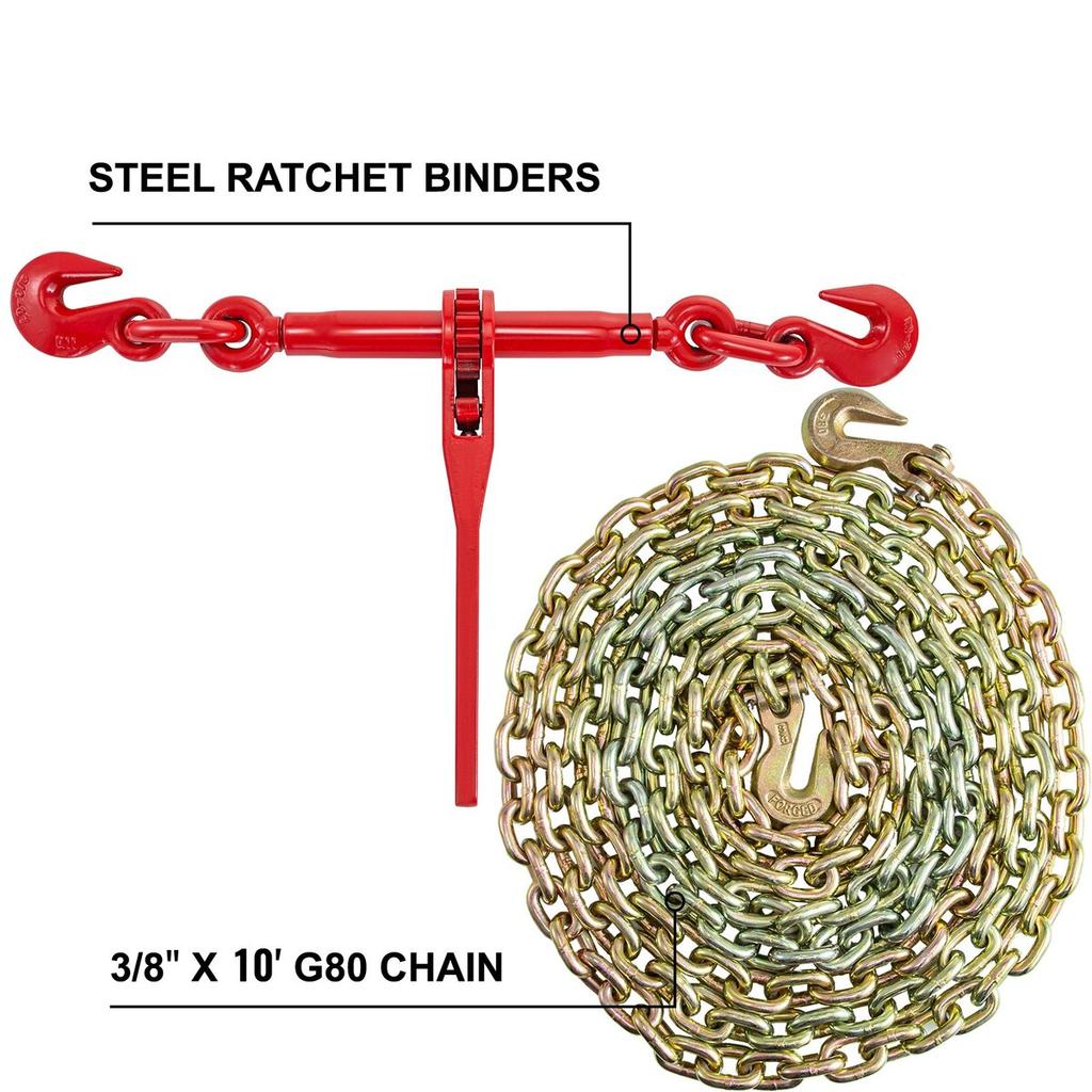 Chain and Binder Kit Ratchet Load Binder 3/8in-1/2in 10ft Chains Hauling