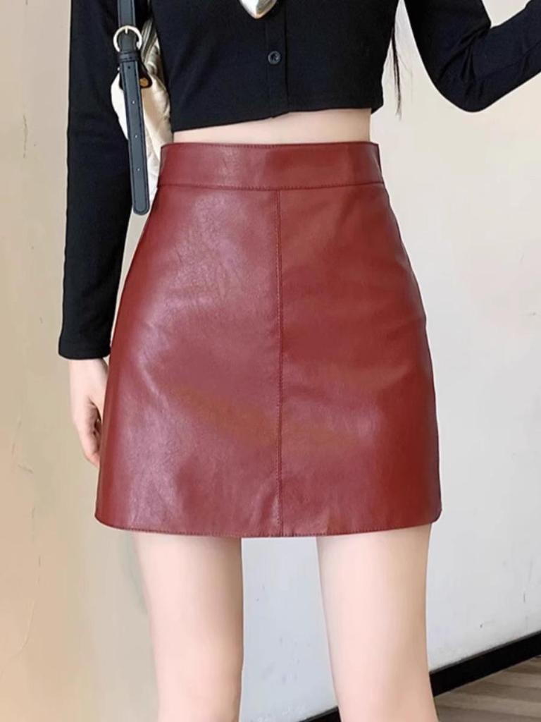 Women's High-Waist Black PU Leather A-Line Skirt – Autumn/Winter 2023, Korean Style, Slim Fit, Anti-Exposure, Short Length