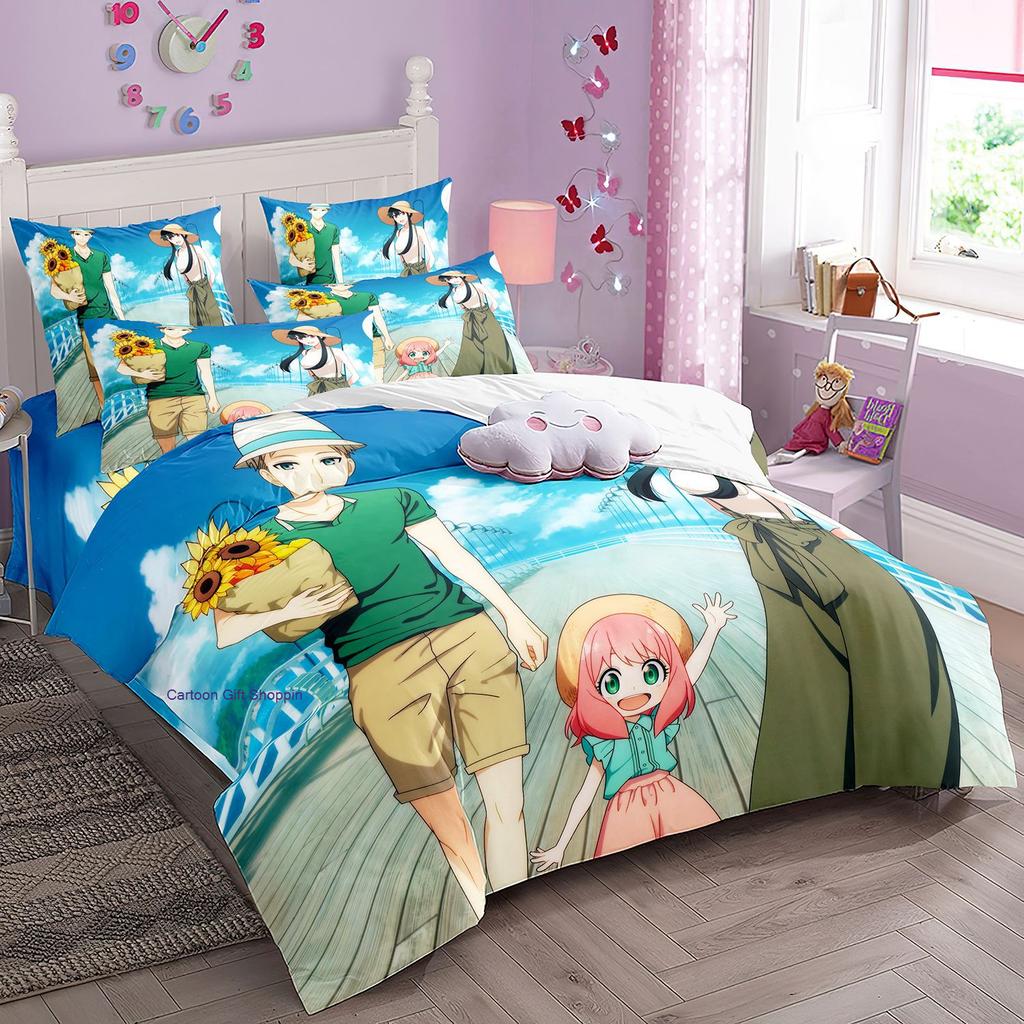 Anime Spy X Family Bedding Set Kawaii Loid Forger Anya Duvet Cover with Pillowcases Girls Boy Kid Set Quilt Cover Set