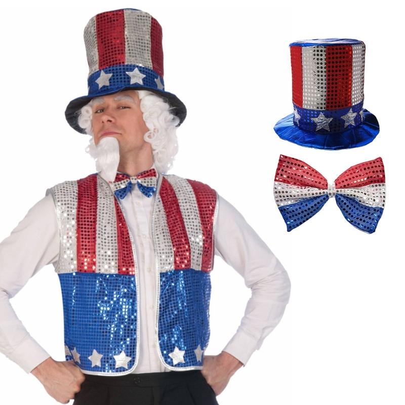 US Liberty July 4th Costume Fun Top Hat for Men Women Unisex Stovepipe Hat with Sequins Adults