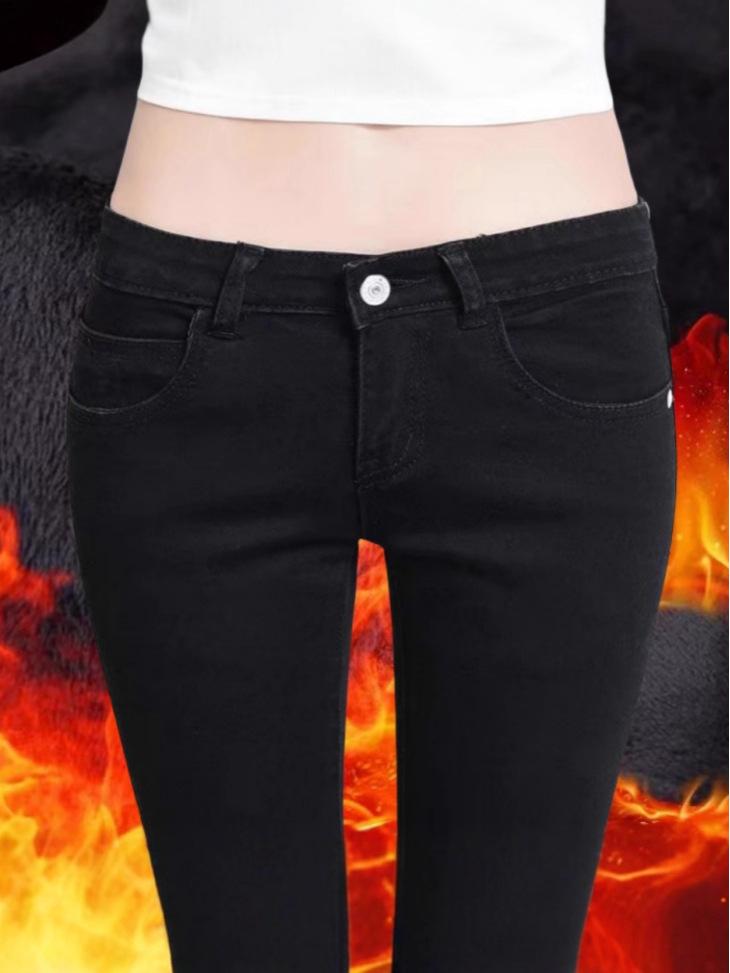 Damen Slim Fit Low-Waist Jeans mit Fleecefutter: Elastische, eng anliegende Cropped-Bleistifthosen