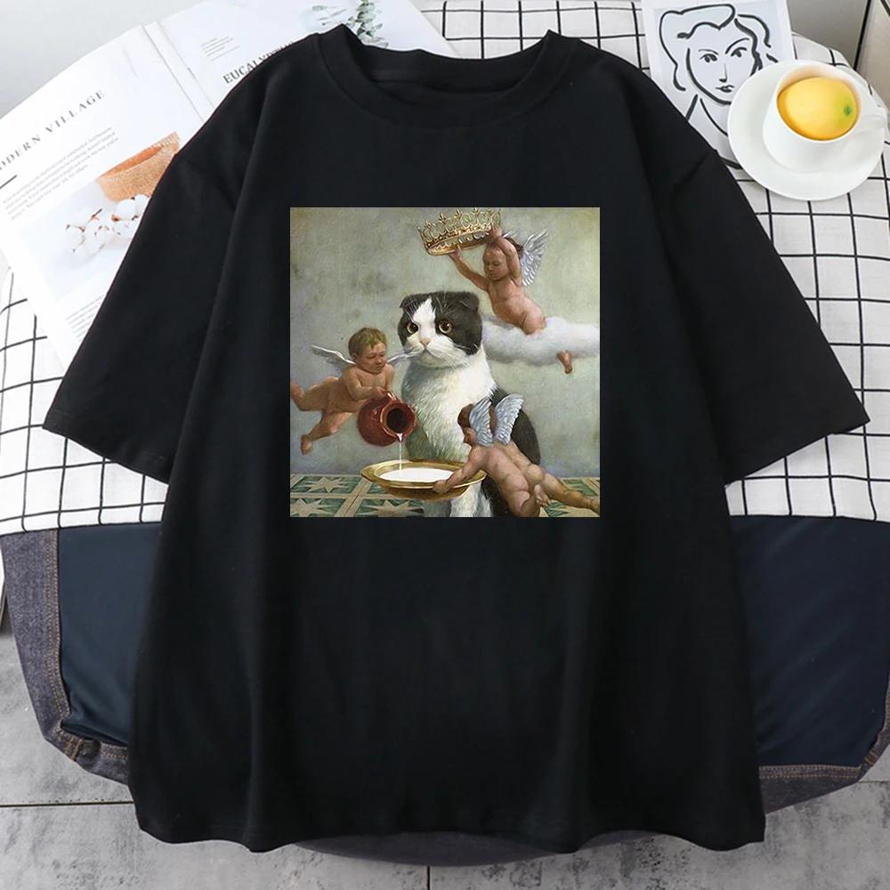 Scottish Fold Cat Angel Crown Print Women's Clothes Personality Casual Round Neck T-shirt Women's Short Sleeve Graphic T Shirts