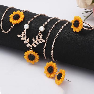 4Pcs/Set Women Jewelry Set Sunflower Shape Vivid Stainless Leaf Decor Women Necklace Ring Jewelry