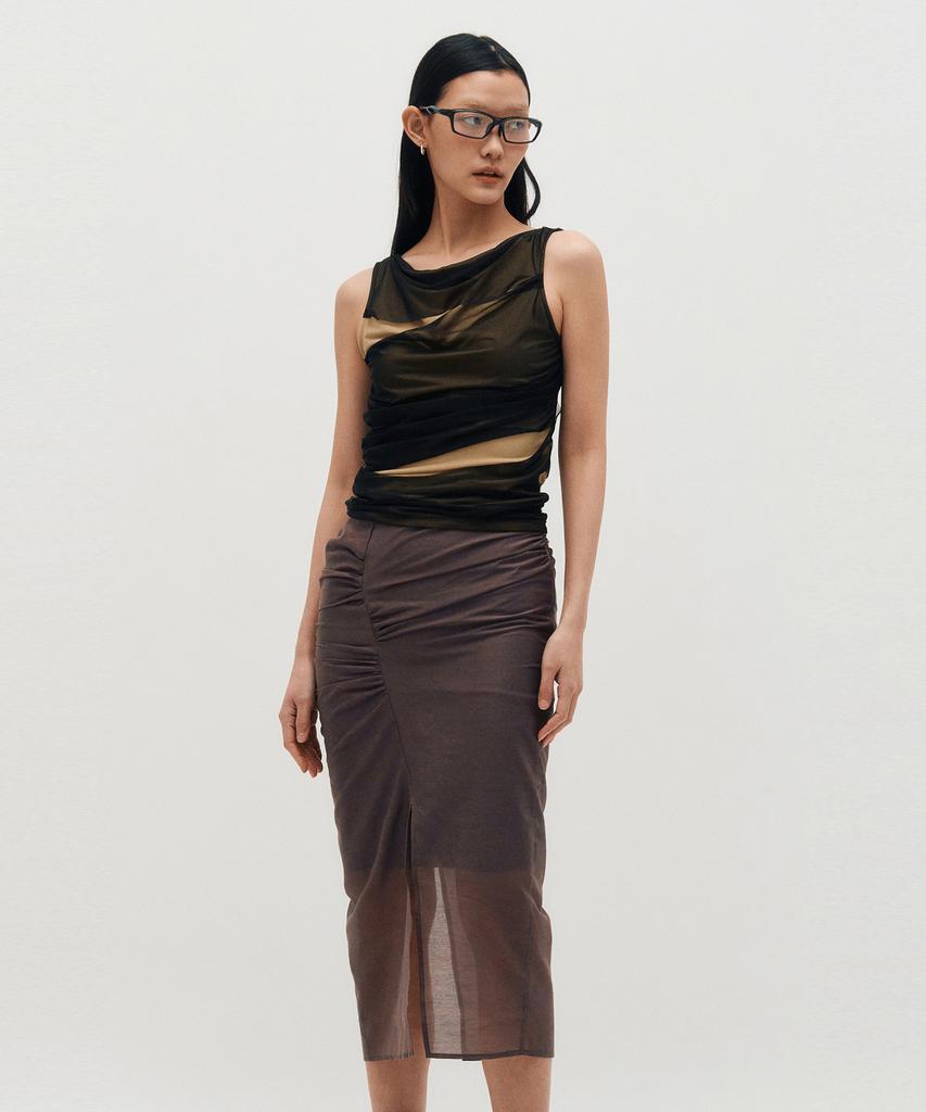 Kimjisu Sheer Shirring Slit Skirt _ Brown