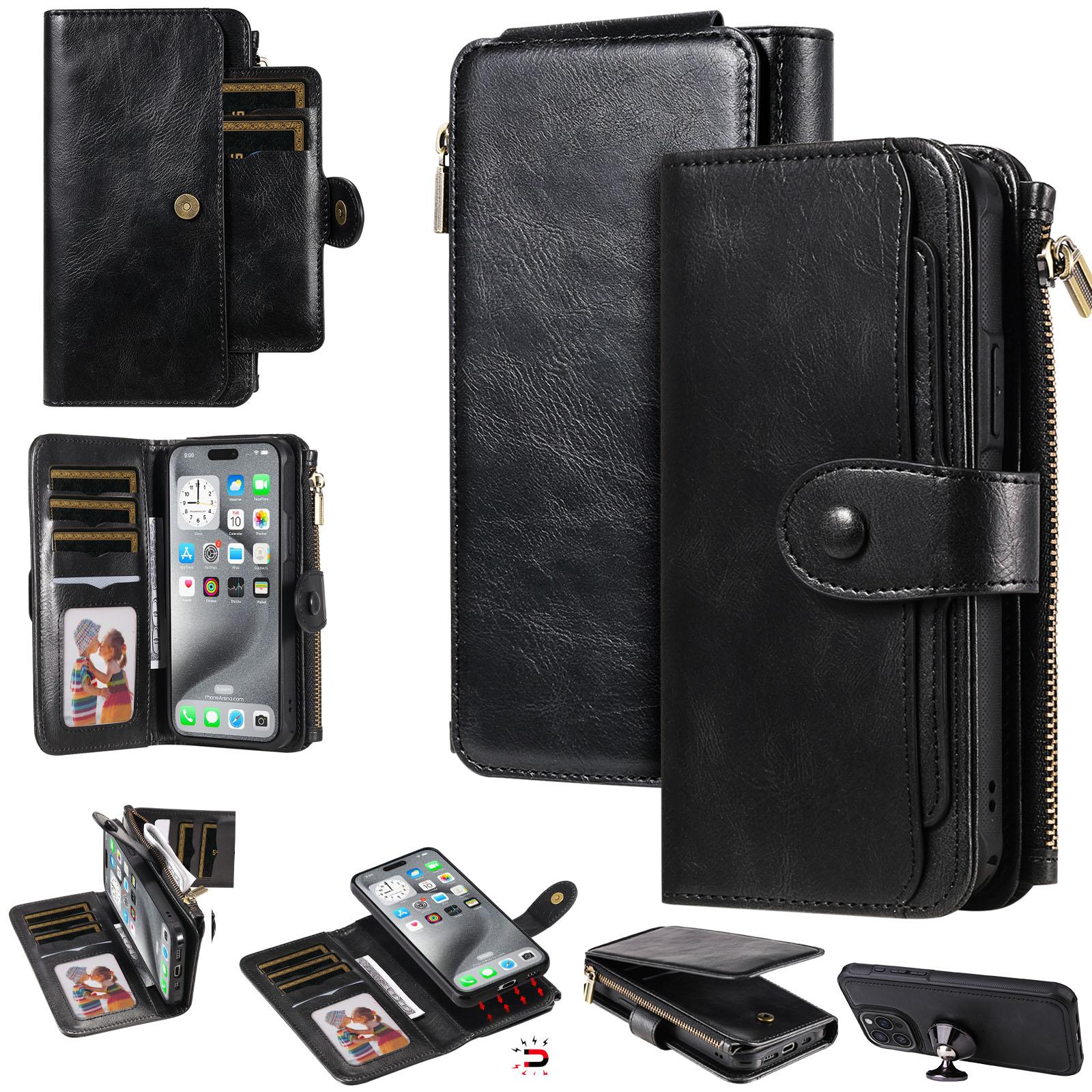 

For iPhone 16 Pro Max Magnetic Case Detachable PU Leather Zipper Wallet Cover Black