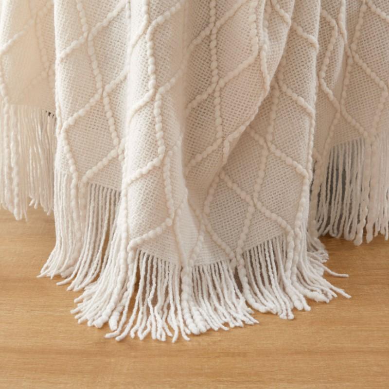 Cream White Boho Blankets Knitted Nordic Sofa Cover Blanket with Tassels Overzised Cozy Textured Farmhouse Vintage Gift Blankets