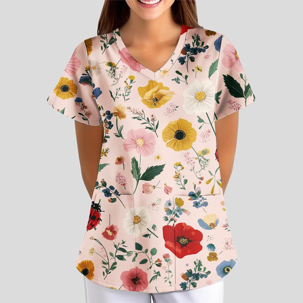 Women's Floral Print Loose V-neck Short-sleeved Uniform/ Uniform