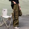 Men's  Overalls Elastic Waist Trousers Men's Straight Loose  Versatile Multi-Pocket Wide-Leg Black Casual Pants