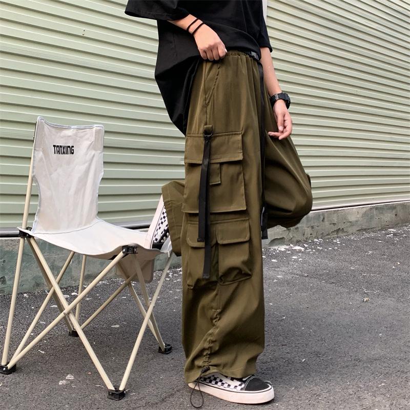 Men's Overalls Elastic Waist Trousers Men's Straight Loose Versatile Multi-Pocket Wide-Leg Black Casual Pants