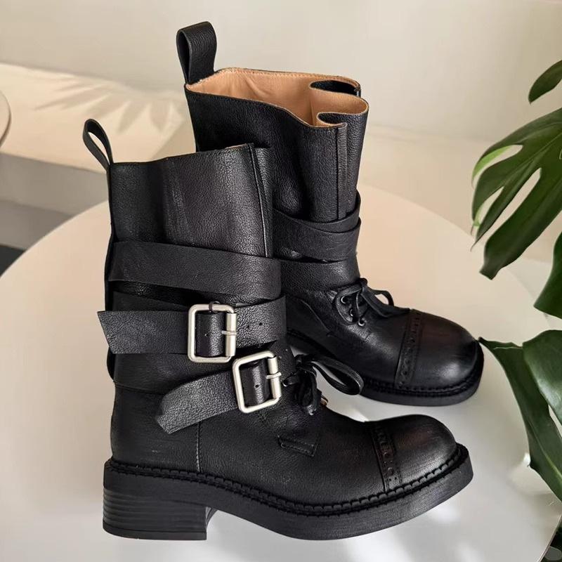 

Jiayun thick-soled thick-heeled lace-up Martin boots 2025 new medium tube belt buckle locomotive boots soft-sided single boots tooling boots 40 чёрный