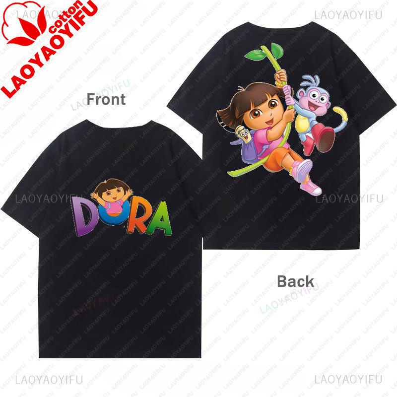Dora Kids Cothes Cartoon Print ShortSleeved Boys And Girls Cotton TShirt Double Size Printed Tees Y2k Clothes