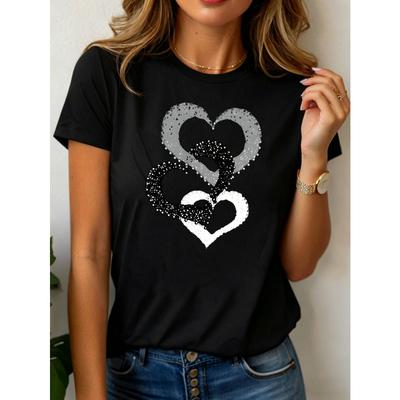 Casual Women's T-Shirt Three Hearts Graphic Print Round Neck Short Sleeve For Daily Outdoor Leisure Wear Lightweight Comfortable