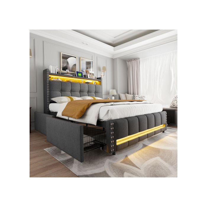 Lit rembourré - MUVOE - 140x200 cm - Éclairage LED - Prise USB - 4 tiroirs de rangement