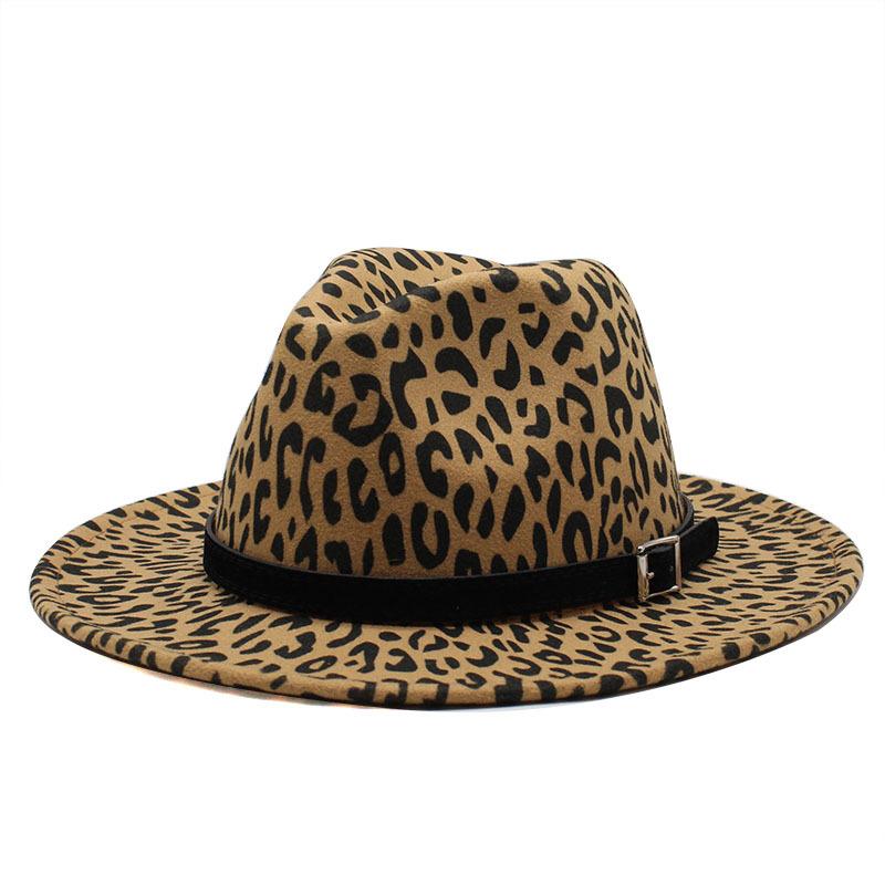 British Style Male And Female Leopard Print Jazz Woolen Hat Big Eave Hat Top Hat