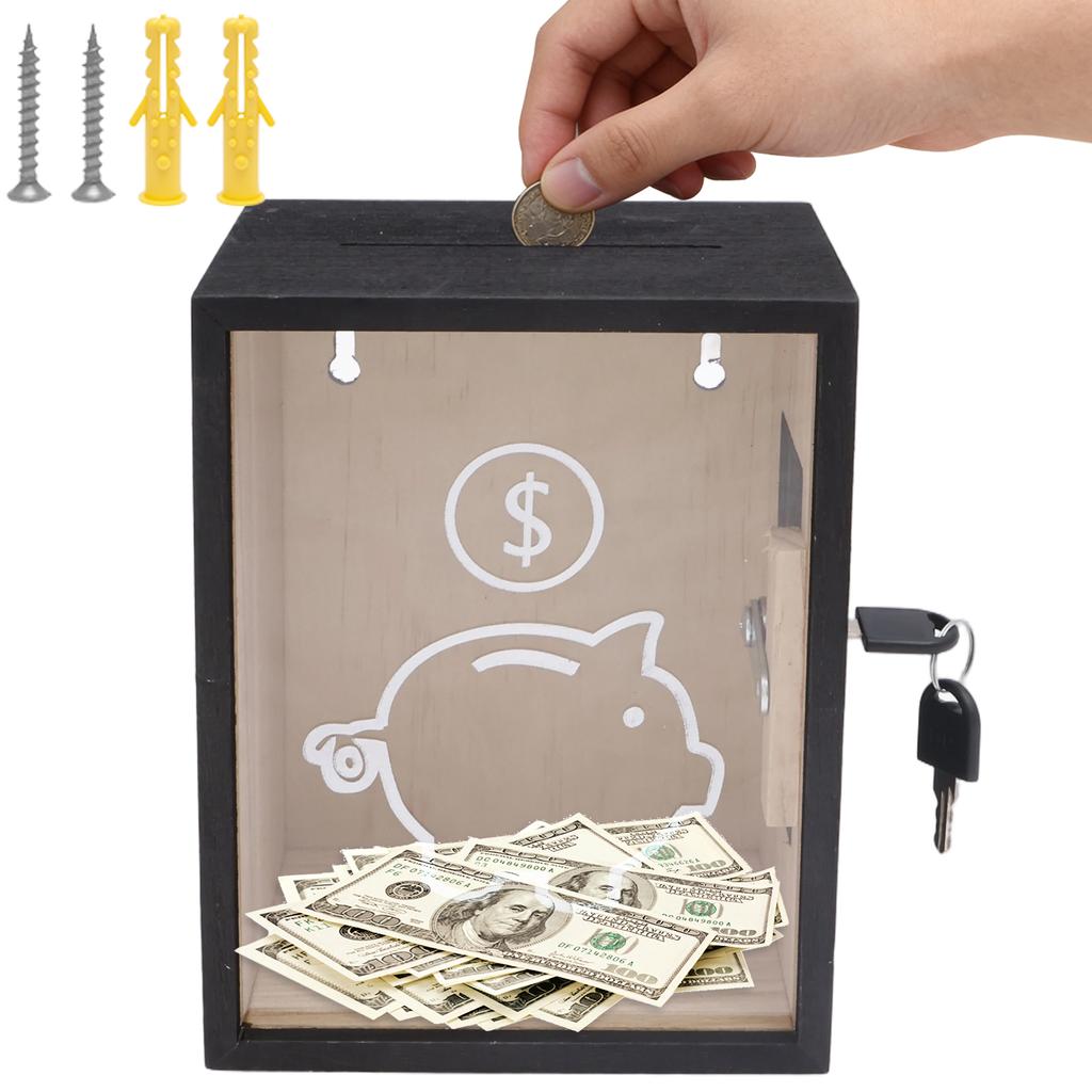 1Pc Clear Piggy Bank Wooden Money Boxes with Lock Large Money Saving Jar Cash Coin Storage Box Money Bank Box for Kid and Adults
