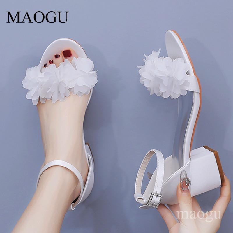 5CM Hohe Sandalen Damen Weiß Floral Knöchelriemen Kleiderschuhe für Damen Hochzeit Brautschuhe Sandalias De Mujer Größe 35-41