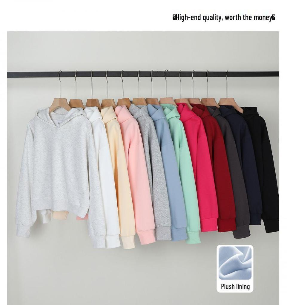 Silver Fox Velvet Women's 450g Heavyweight Hooded Sweatshirt - Short, Trendy Drop Shoulder Pullover for Autumn/Winter