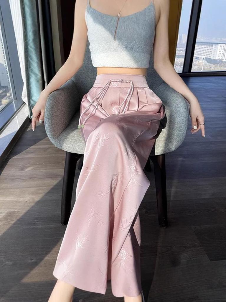 2025 Spring/Summer Women's Jacquard Satin Wide-Leg Pants: High-Waist, Buttoned, Slim-Fit, Casual Trousers.