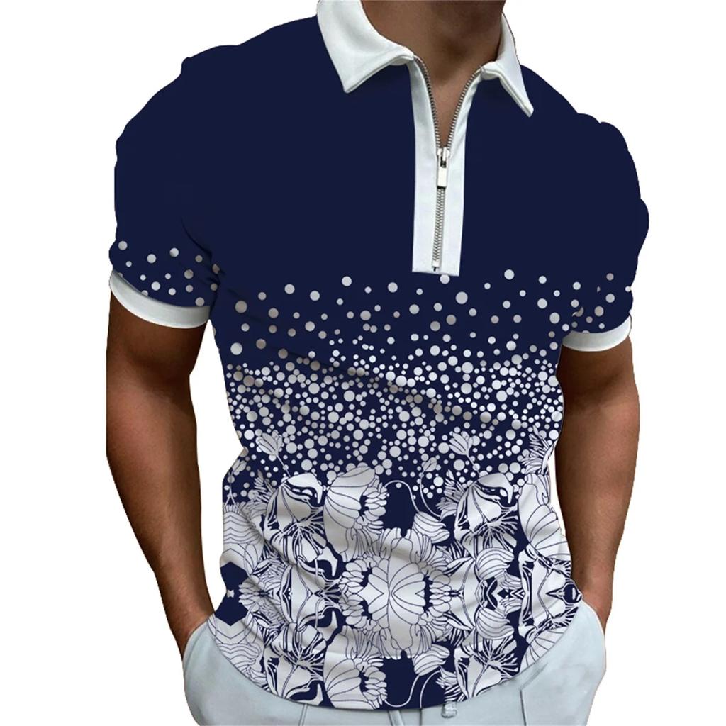 Fashionable and Breathable Summer Personalized Street Flower Print Short-sleeved Lapel Zipper Polo Shirt for Men Men's Clothing