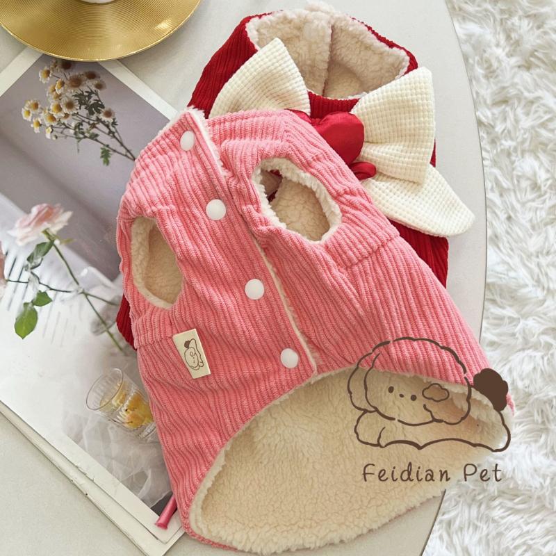 Cute Heart Big Bow Corduroy Dog Dress Thick Warm Pet Apparel Winter Dog Clothes Puppy Small Dog Costume Apparel Pet Dresses Coat