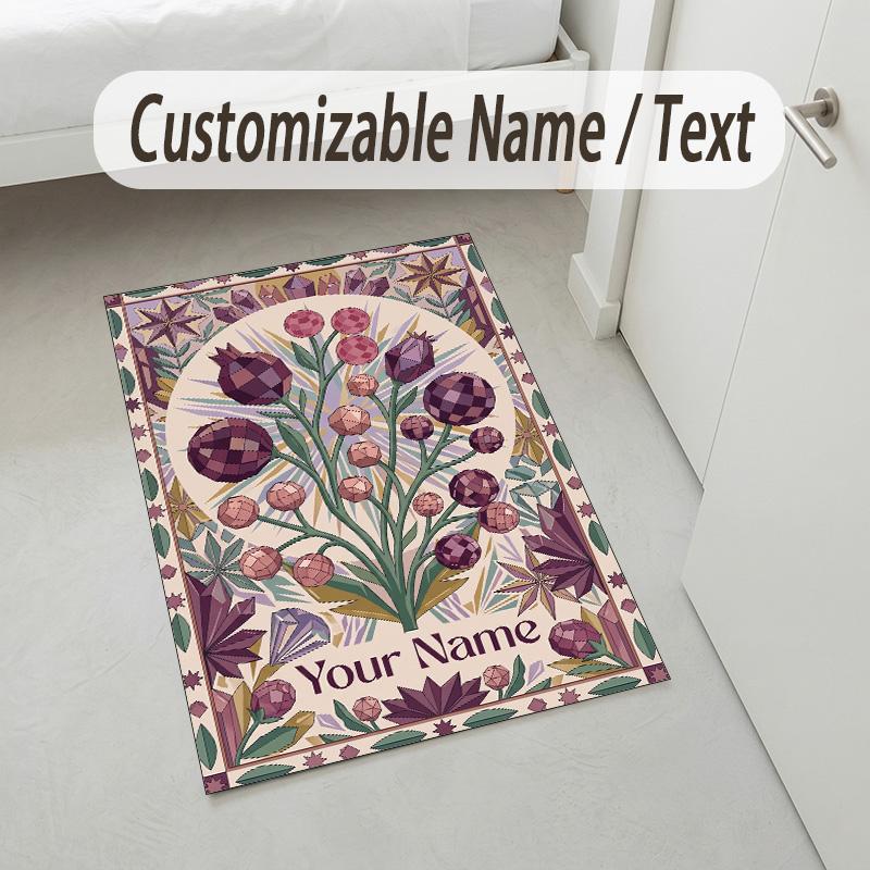 Floral Art Theme Soft Crystal Velvet Rug Custom Name & Text Print Non Slip Floor Rug for Bedroom Living Room