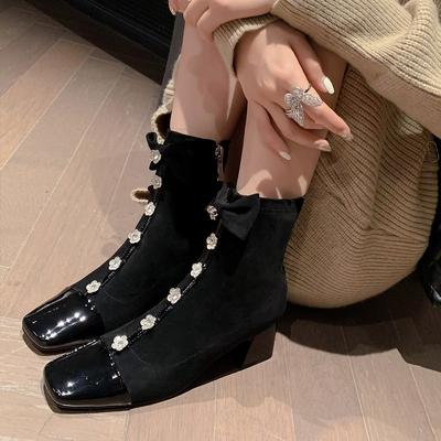 Square Toe Ankle Booties Crystal Flower Women Shoes Zipper Style Fashion Boots Novelty Butterfly Knot Botas Mujer INS Hot Sale